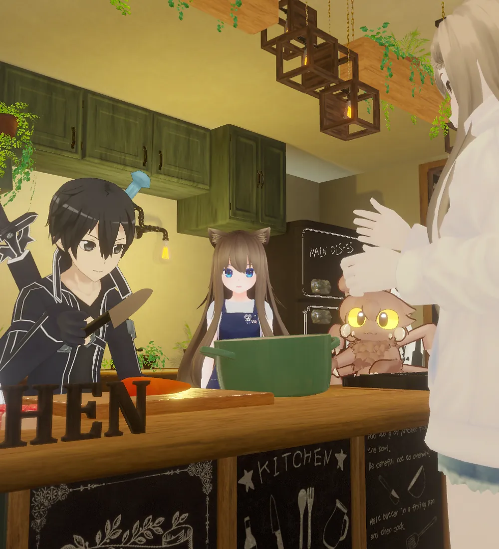 Avatars gather around a kitchen counter in a VR Nihongo virtual world.